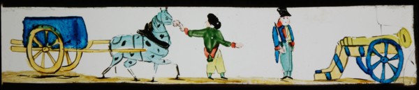 Hand-painted lantern plate with cannon, soldiers and covered wagon, slide plate slideshope images glass paper, Hand-painted