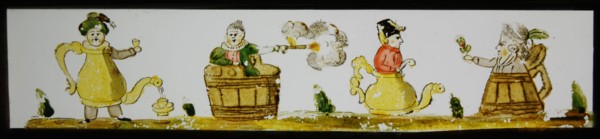 Hand-painted lantern plate with caricatures, slideshelf slideshare images glass paper, Hand-painted slides with top and bottom