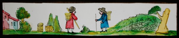 Hand-painted lantern plate with pedlars, slide plate slideshope images glass paper, Hand-painted slides with top and bottom