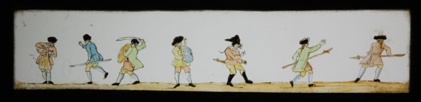 Hand-painted lantern plate with soldiers engaged in various actions, slide plate diapositive footage glass metal, Hand-painted