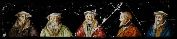 Hand-painted lantern plate with portraits of dignitaries Renaissance, slide plate diapositive footage glass metal, Hand-painted