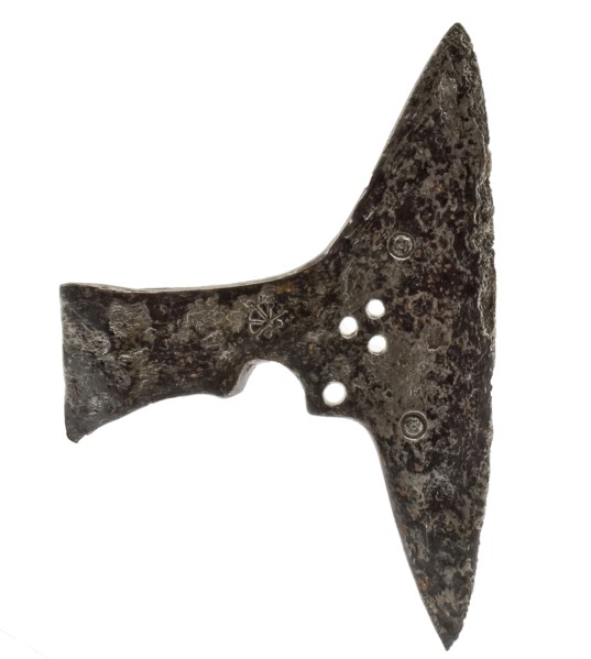 High battle ax with simple hole decoration, ax ax weapon arm found iron metal, forged Ax and tube in one piece. Perforation