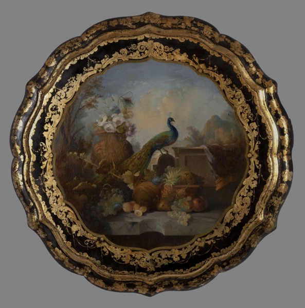 Lodewijk Johannes Nooijen, Tabletop with painted representation of peacock, flowers and fruits, tabletop table furniture