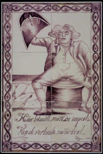 Aalmis (?), Verwijk (?), Schut (?), Tile picture of six pieces with in purple man on poop chair and inscription Here one pays