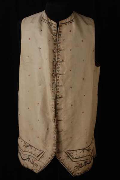 Men's vest, sleeveless and without collar, cut-away fronts, with embroidery in pink and green, vest outerwear men's clothing