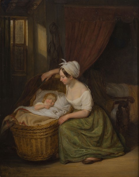 Arend Bakker, Portrait of an unknown mother at the cradle of her child, portrait painting footage wood oil, Oil on panel