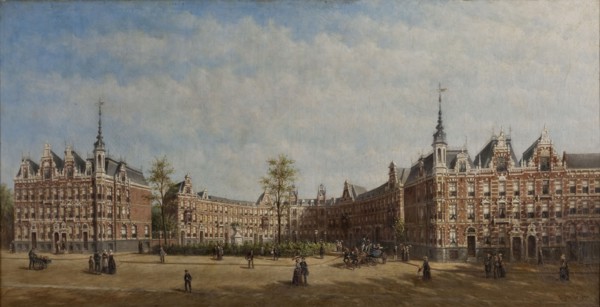 Petrus Gerardus Vertin, View of the Koningin Emmaplein in Rotterdam with figures, cityscape painting of canvas linen oil paint
