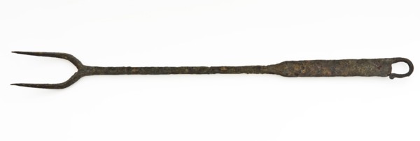 Iron frying fork, fork with two teeth, fork kitchen utensils soil find iron metal, forged Large iron fork Handle with trench