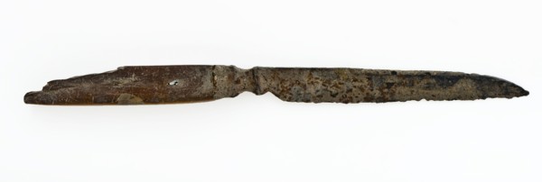 Blade with fragment legs raises, knife cutlery soil find iron bone metal, archeology Rotterdam railway tunnel Soil discovery