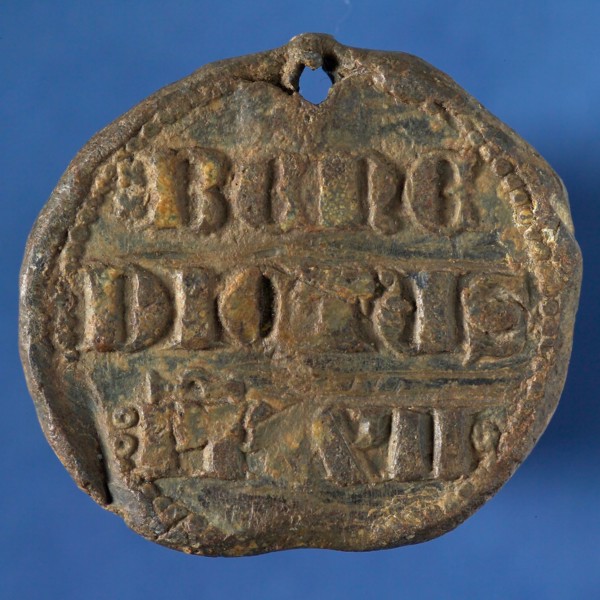 Bulla (lead papal seal), inscription Benedict PP XII, seal information form soil finding lead metal, facing portraits of Peter