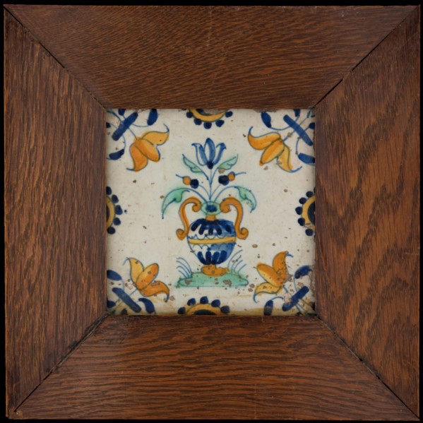 Flower tile with polychrome flowerpot, half rosettes, corner pattern lily, wall tile tile sculpture ceramic earthenware glaze