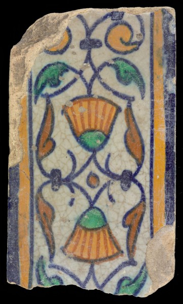 Border tile, flower decoration in blue, yellow and green, upper and lower edge blue and yellow, border tile wall tile tile