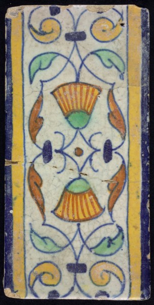 Border tile, flower decoration in blue, yellow and green, upper and lower edge blue and yellow, border tile wall tile tile