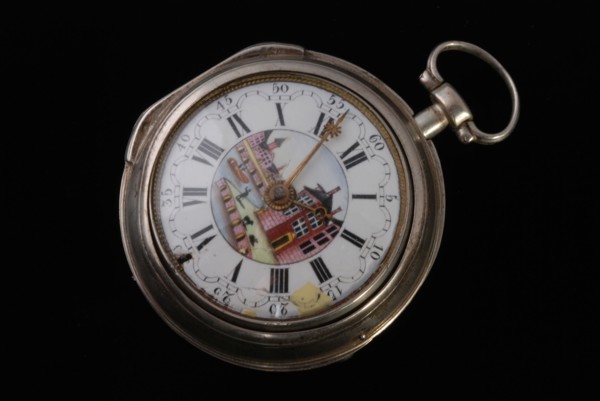 Samuel Ruel (watch), Pocket watch with enamel dial with port quay scene in color and with gold interior and exterior case