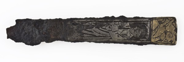 Mesheft with engraved representations of Peter and Virtue, has knife cutlery soil find copper brass tin metal, forged cast
