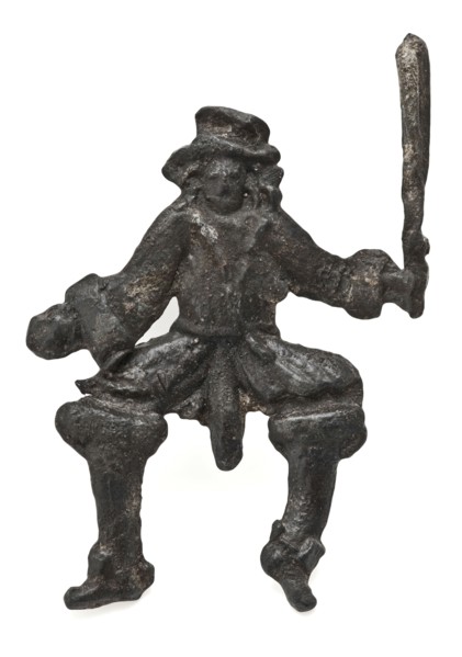 Tin soldier: man with club and phallus or attachment pin, toy relaxing tool miniature soil find tin metal, cast Tin soldier