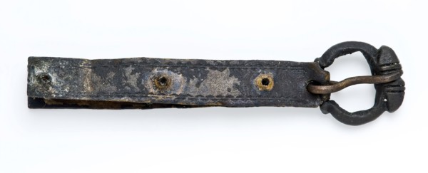 Buckle with long fastening strip, hinged buckle, clasp fastener component soil find bronze brass copper metal, archeology