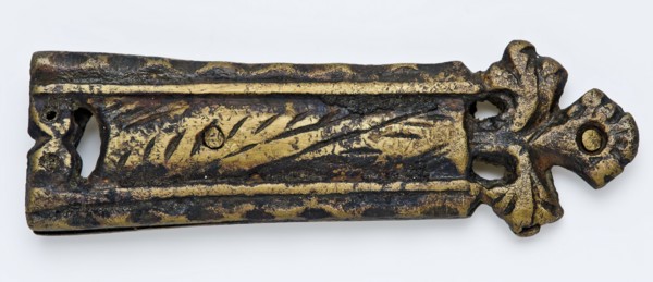 Brass tongue, elongated from two parts riveted together, engraved decoration, fitting belt clothing accessory clothing soil find