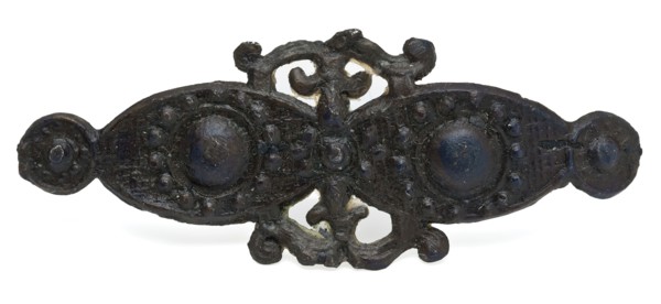 Pewter ornamental brooch, elongated two ovals with ball in the middle, brooch? ornamental pin jewelry clothing accessory