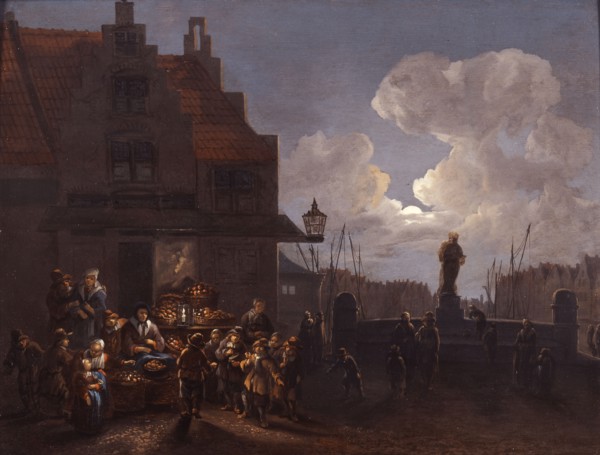 Cornelis Jansz Snellinck, Cityscape of Rotterdam, fruit market by candle and moonlight, with statue Erasmus, cityscape painting