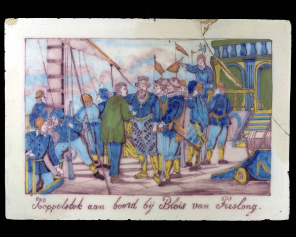 Rectangular multi-colored tile, with historical image. Dock on plate at Blois van Treslong, tile sculpture plaque ceramic