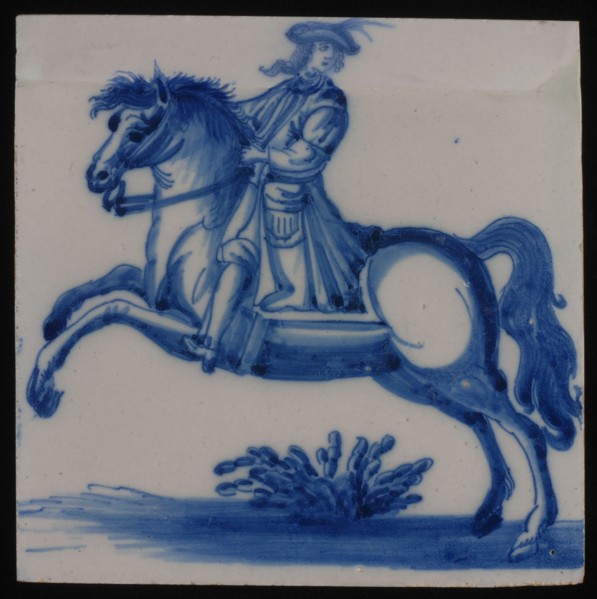 Jan Aalmis sr., Tile, blue on white, with an image of jumping rider, wall tile tile sculpture ceramic earthenware glaze, baked