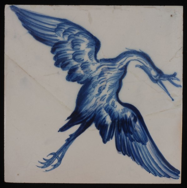 Jan Aalmis sr., Tile, blue on white, with the image of heron with spread wings, wall tile tile sculpture ceramic earthenware