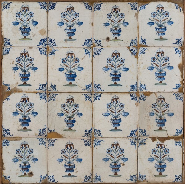 Tile field of sixteen pieces, four high, four wide; flower vase, corner pattern ox head, tiled field wall tile tile sculpture