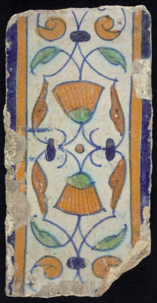 Border tile, flower decoration in blue, yellow and green, upper and lower edge blue and yellow, border tile wall tile tile