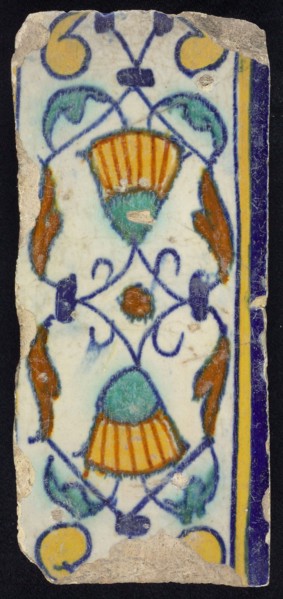 Border tile, flower decoration in blue, yellow and green, upper and lower edge blue and yellow, border tile wall tile tile