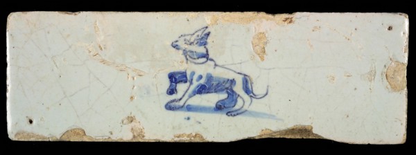 Border tile, painted with blue, dog, border tile wall tile tile sculpture ceramic earthenware glaze, baked 2x glazed painted