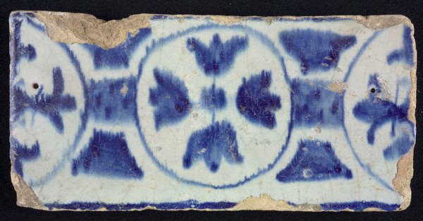 Border tile, blue, decoration with circles and flowers, edge tile wall tile tile sculpture ceramic earthenware glaze, baked 2x
