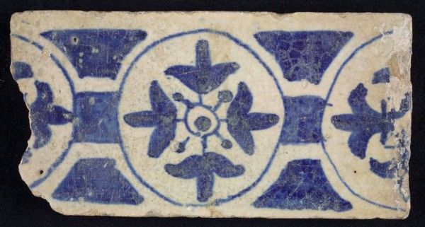 Border tile, blue, decoration with circles and flowers, edge tile wall tile tile sculpture ceramic earthenware glaze, baked 2x