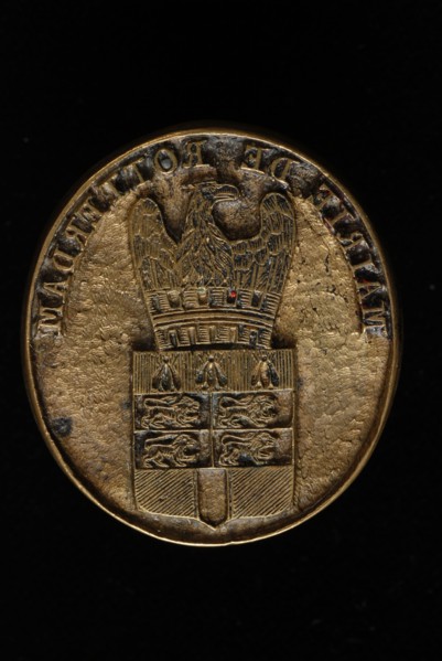 Copper ink stamp of the Rotterdam mairie with the weapon donated by Napoleon I, ink stamp stamp equipment copper, total h 2.2