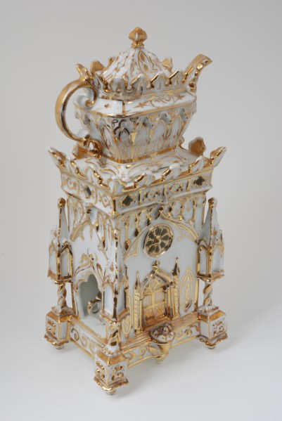 White with gold teapot and cup in cathedral-shaped holder, teapot tea cup cup crockery holder ceramic porcelain glaze h 11.0