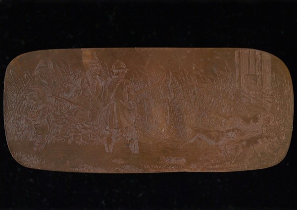 Copper cliché with hunters and dogs, cliché printer's equipment copper, engraved Red copper plate with three men