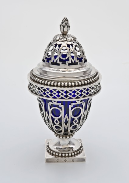 Silversmith: Johannes Petrus Sondag, Silver potpourri pot, with ovoid open body with cap in the form of pine cone and blue