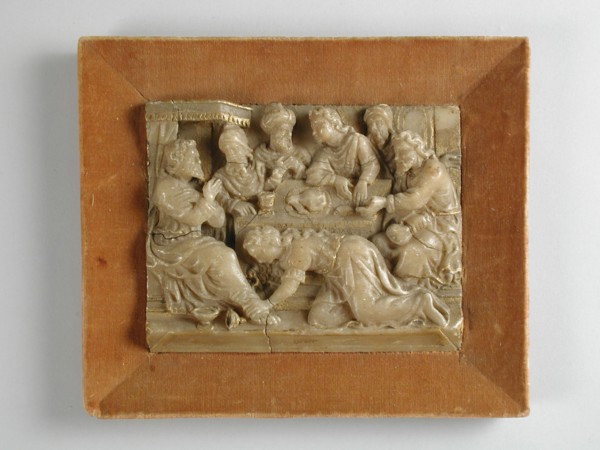Relief Christ anointed by the sinner, relief sculpture sculpture alabaster gold wood velvet relief, Luke 7: 36
