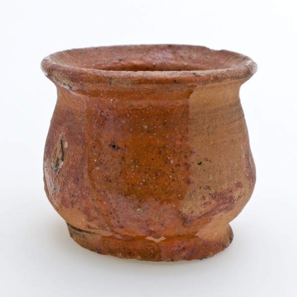 Pottery belly model ointment jar, red shard, internally glazed, ointment jar holder soil found ceramic earthenware glaze lead