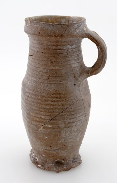 Stoneware jug, brown and unglazed, with wide band, on pinch, jug crockery holder soil find ceramic stoneware clay engobe, hand