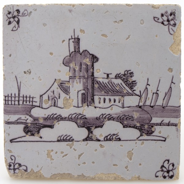 Scene tile, lighthouse, manganese decor on white ground, corner fill spider, wall tile tile footage earth discovery ceramics