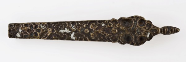Cutlery holder with embossed decoration and remnants of enamelled enamel, has knife cutlery soil find brass bronze copper enamel