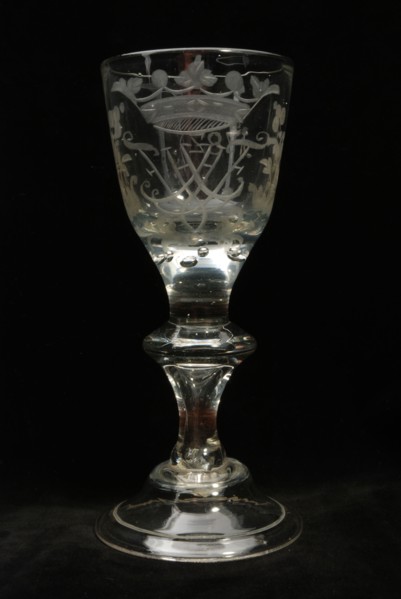 Chalice glass engraved with monogram and year 1782, wine glass drinking glass drinking utensils tableware holder glass, free