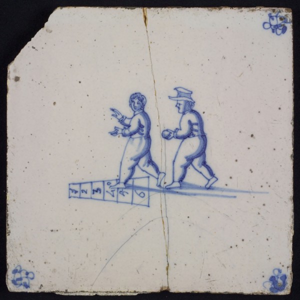 Scene tile, double child's play, hopscotch, corner motif spider, wall tile tile sculpture ceramics pottery glaze, baked 2x