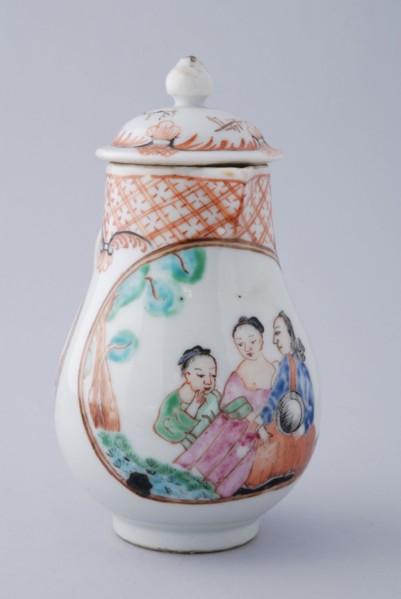 White milk jug with woman, man and child, five figures in landscape and on lid landscape, milk jug holder tableware ceramics