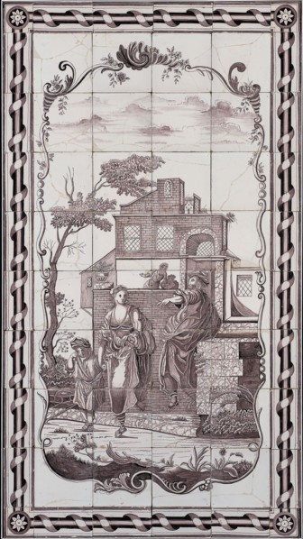 tile manufacturer: atelier J. Aalmis, Verwijk (1790 - 1843), Purple tile picture in metal frame, man (Abraham), wife, Hagar