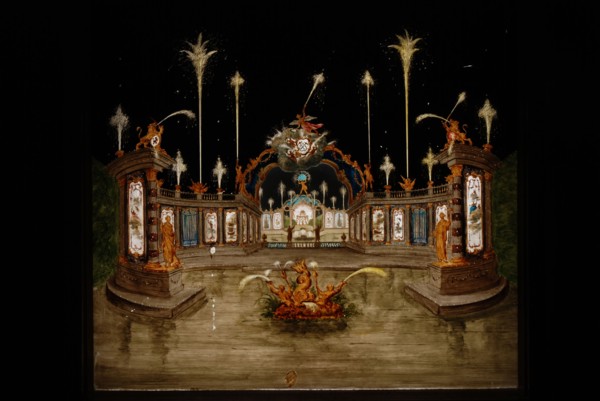 Perspective cupplate with two glass plates, garden pavilion with fountains at night, perspective cabinet glass plate glass paint