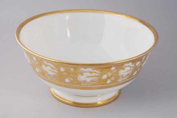 White bowl with golden band with acorn and leaf decoration, rinse bowl holder coffee service tea set dinnerware ceramics