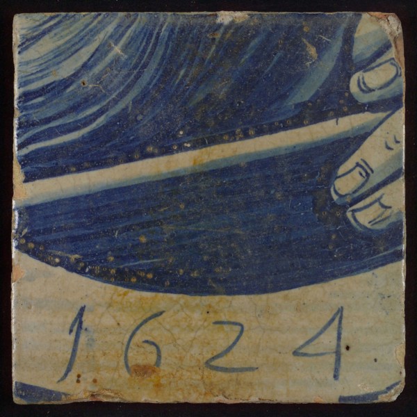 White tile with in blue part of hand, colored surface and 1624, tile picture footage fragment ceramics pottery glaze, baked 2x