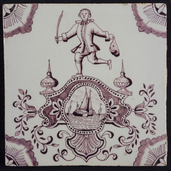 tile manufacturer: Aalmis, Cartouchetegel, acrobat with epee, with cartouche in which ship, wall tile tile sculpture ceramic
